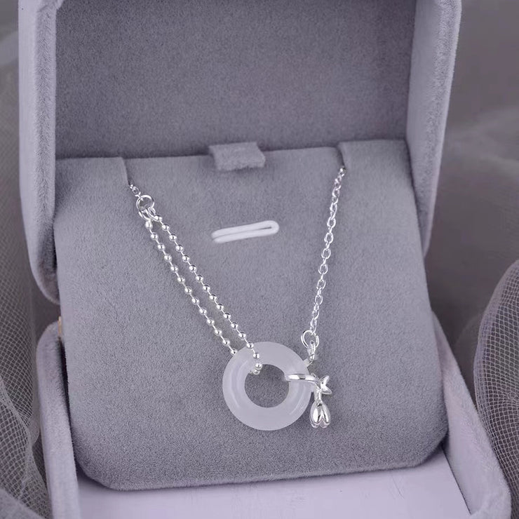 Sterling Silver Tulip White Jade Peace Buckle Necklace