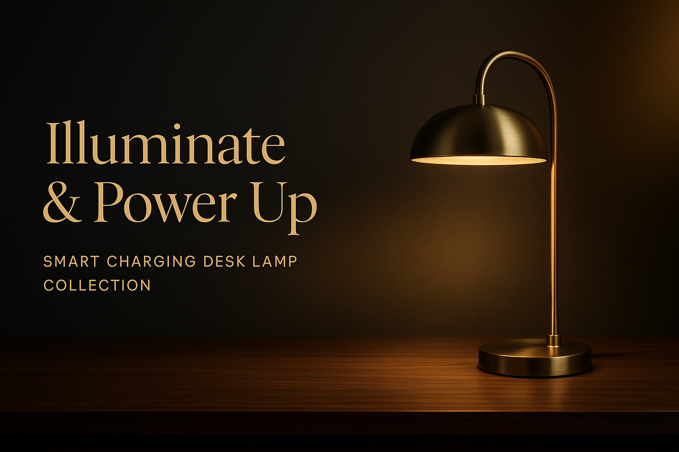 A luxurious website banner for a premium desk lamp brand, featuring a sleek modern charging desk lamp with a glowing warm light on a polished wooden surface. Soft ambient lighting highlights the lamp’s elegant metallic finish. Minimal background with subtle gradients in deep charcoal and warm gold accents. Overlay elegant serif text: “Illuminate & Power Up” in gold lettering, centered, with a small subheading below: “Smart Charging Desk Lamp Collection”. Modern, minimal, high-end aesthetic.