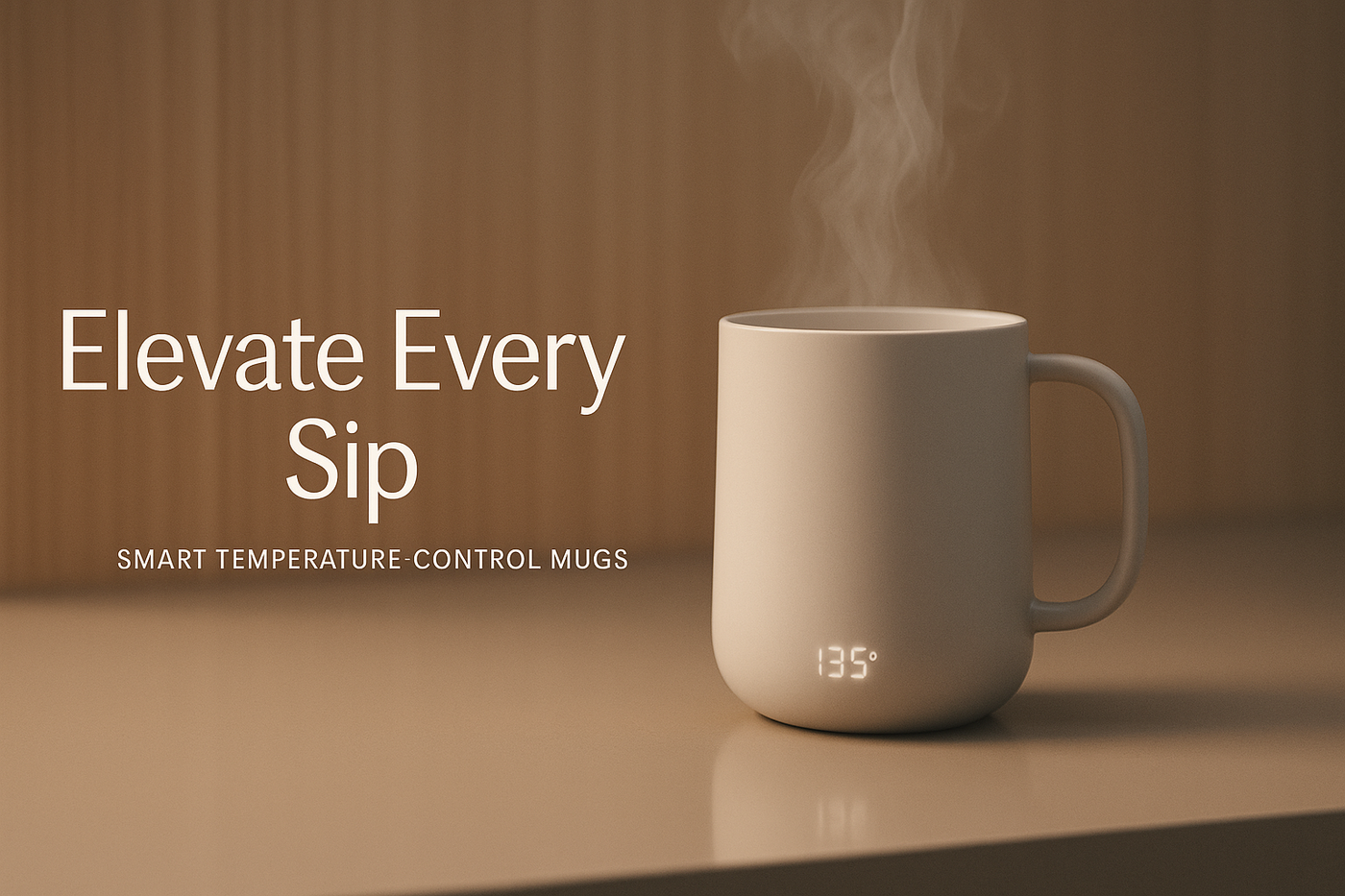 A sleek website banner for a smart mug brand, featuring a modern ceramic smart mug with a subtle digital display glowing softly, placed on a reflective surface with warm ambient lighting. Background of minimalist wooden textures and soft steam rising gracefully from the mug. Overlay elegant sans-serif text: ‘Elevate Every Sip’ in clean white lettering, centered, with a small subheading below: ‘Smart Temperature-Control Mugs’. Futuristic, minimal, premium aesthetic.